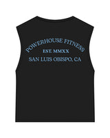 The Womens Classic Crop Tank - Black - Powerhouse Fitness - Left Chest Stacked & Center Back Stacked - Printed - Blue