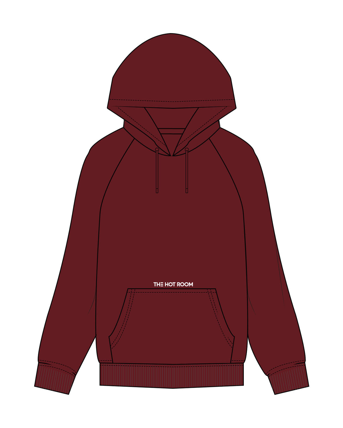 The Mens Classic Hoodie - Maroon - The Hot Room - Above Center Pocket - Embroidered - White