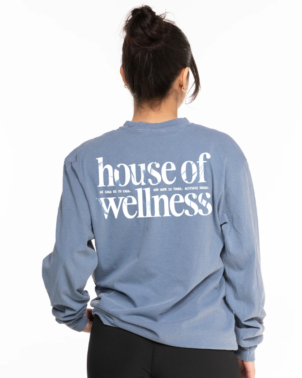 The Unisex Midweight Long Sleeve - Denim Blue - Activate House - Center Chest Stacked & Top Back Center Stacked - White