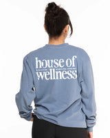 The Unisex Midweight Long Sleeve - Denim Blue - Activate House - Center Chest Stacked & Top Back Center Stacked - White