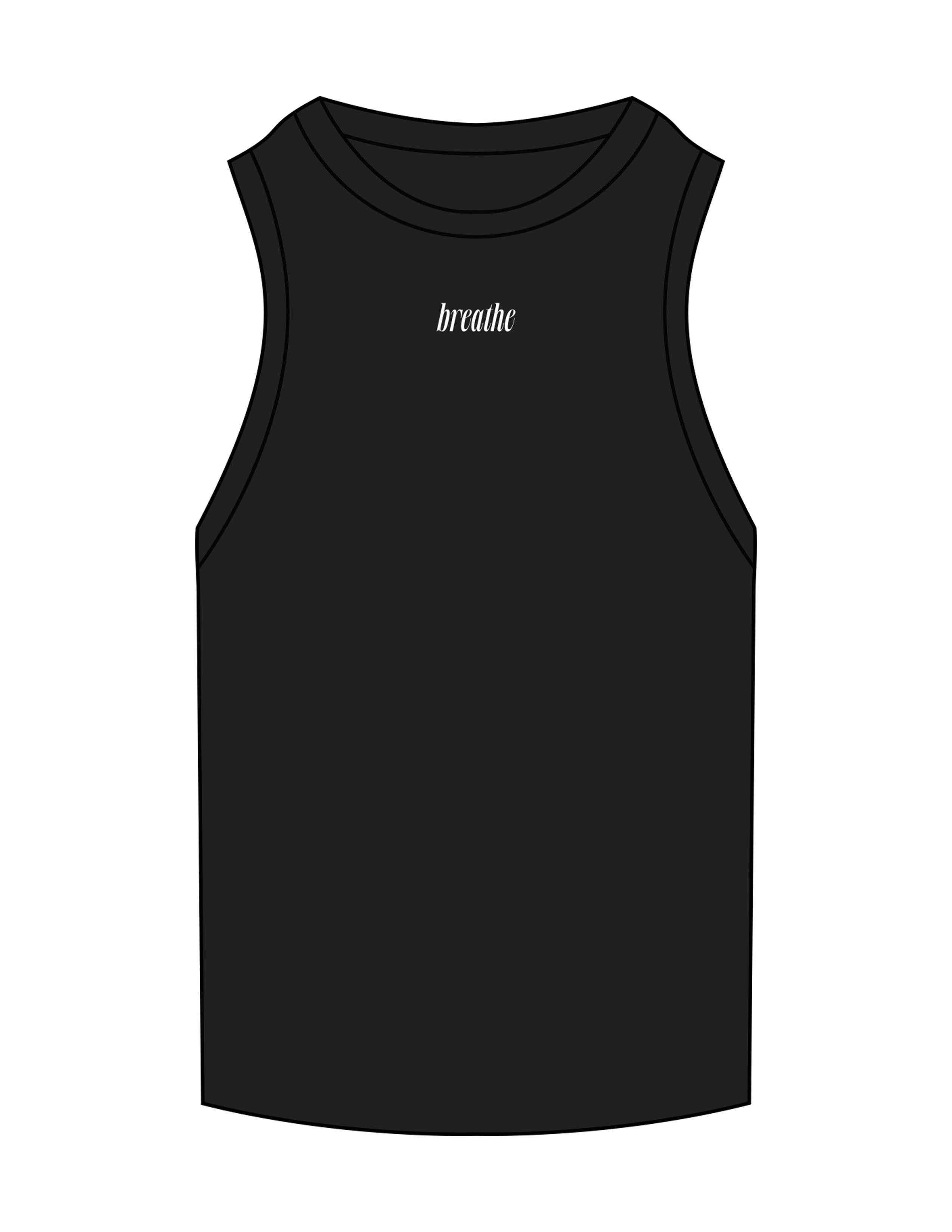 The Mens Ribbed Tank - Black - RECHARGED PILATES - Center Chest "BREATHE" - Embroidered - White