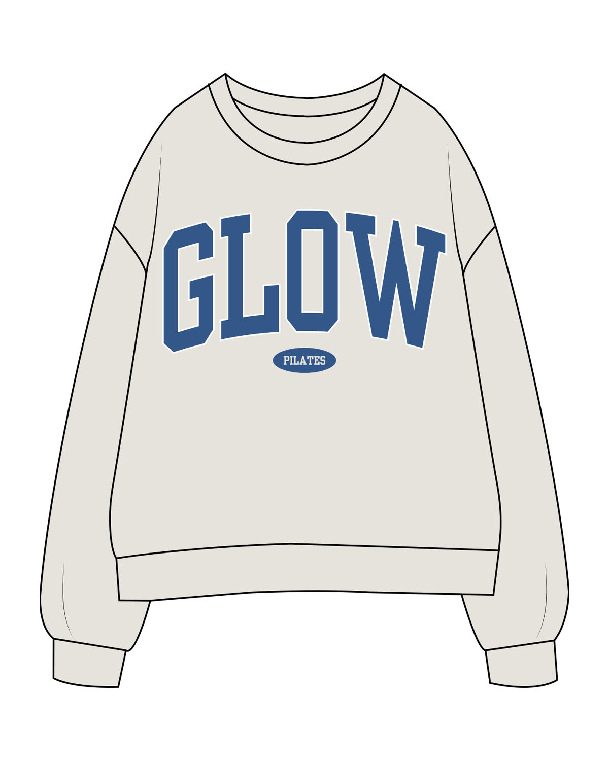 The Womens Crewneck - Washed Bone - GlowPilates - Center Chest Arc Stacked - Printed - Full Color