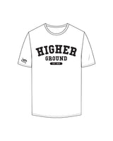 The Mens Tee - White - Higher Ground - Center Chest Stacked & Right Sleeve Logo - Printed - Black