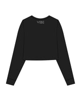 The Crop Long Sleeve - Black - Vibe Hot Yoga & Pilates - Back Neckline - Printed - White