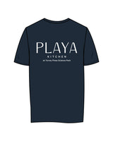 The Womens Tee - Navy -  Playa Kitchen - Left Chest Stacked & Center Back Stacked - Printed - White