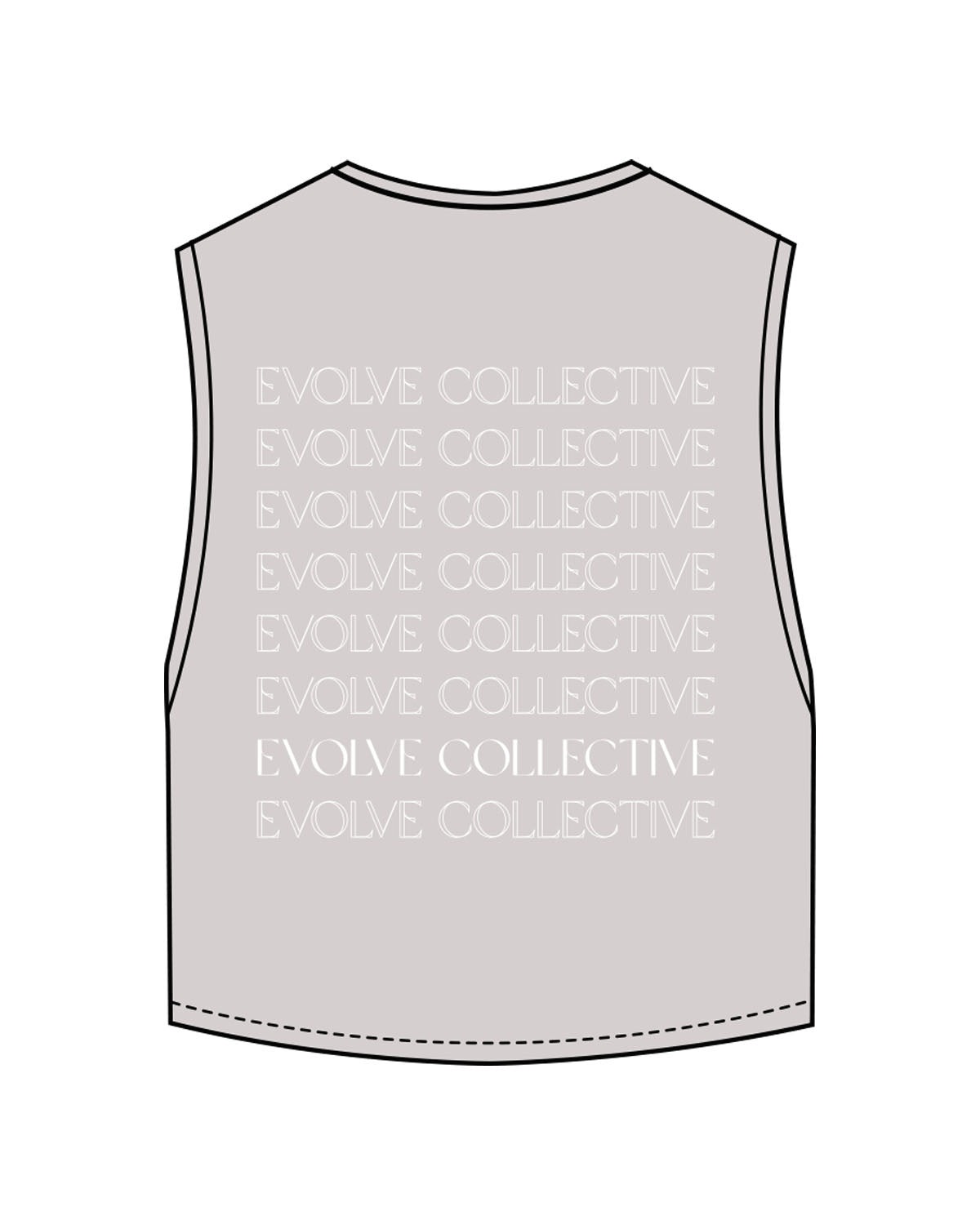 The Crop Muscle Tank - Storm - Evolve Collective - Left Chest & Back Stacked - Printed - White