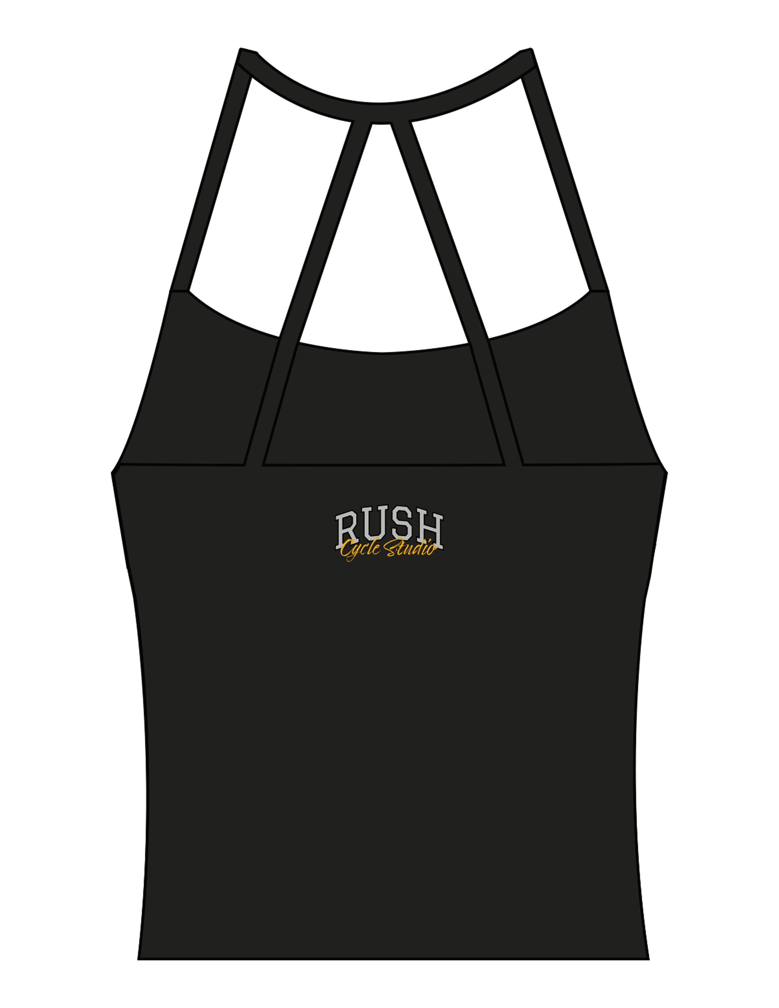 The Womens Sporty Tank - Black - Rush Cycle Studio - Back Stacked - Printed - Full Color