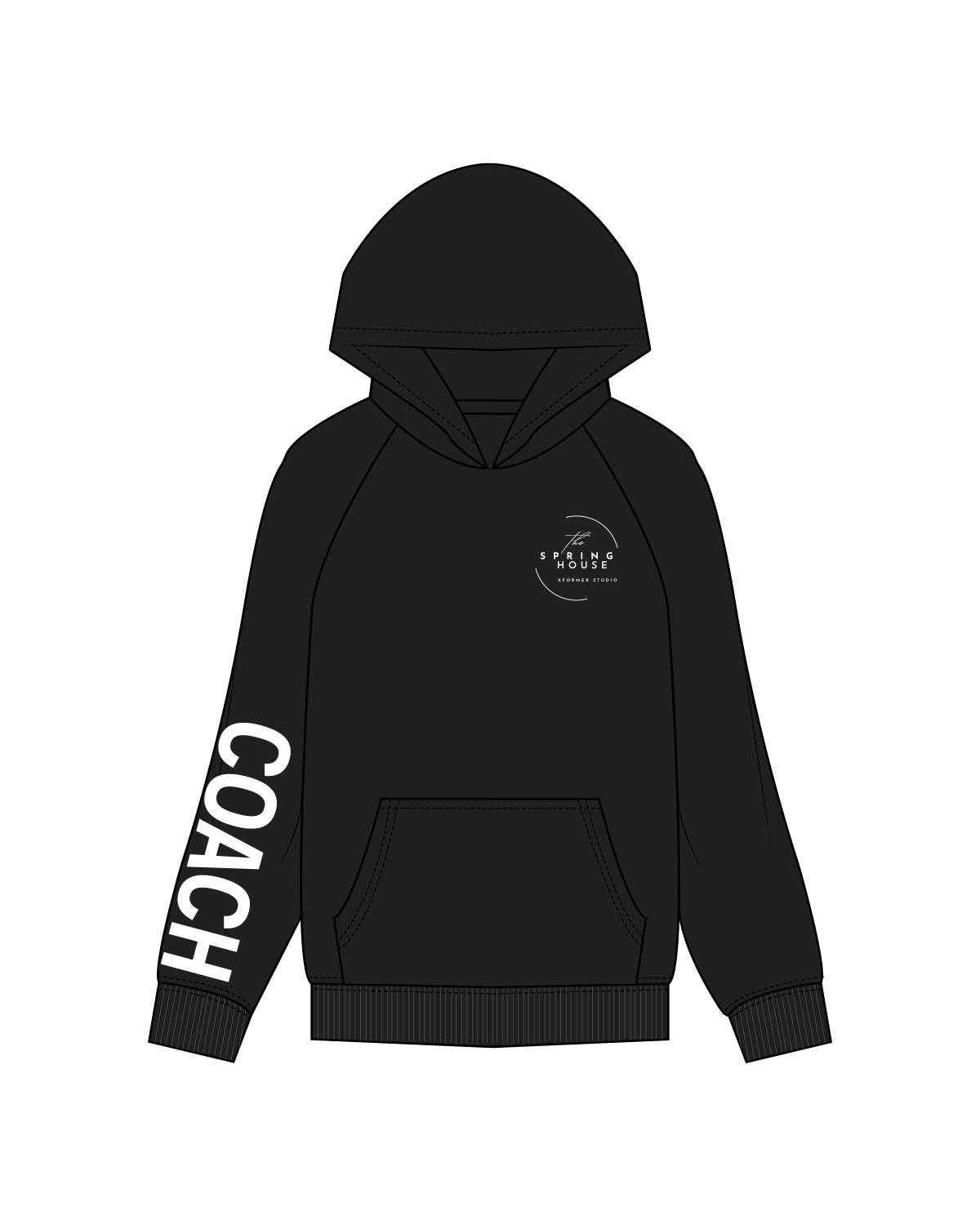 The Womens Hoodie - Black - Spring House - Left Chest & Right Sleeve - Printed - White