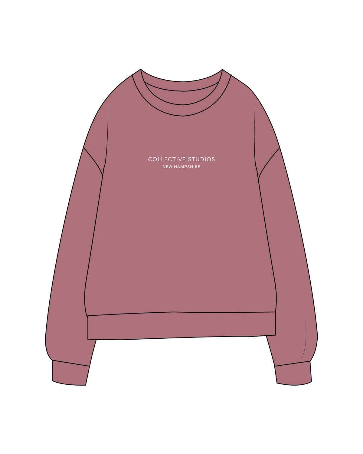 The Midweight Unisex Crewneck - Washed Maroon - Collective Studios - Center Chest Stacked - Printed - White