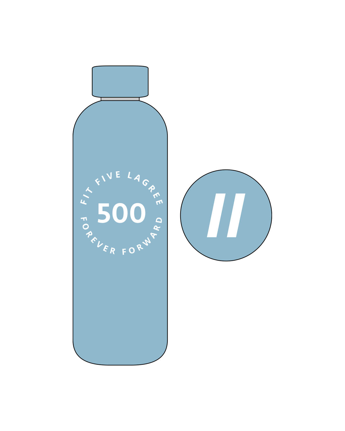 The Water Bottle - Sky - Fit 5 - Center & Top -"500" - Printed - White