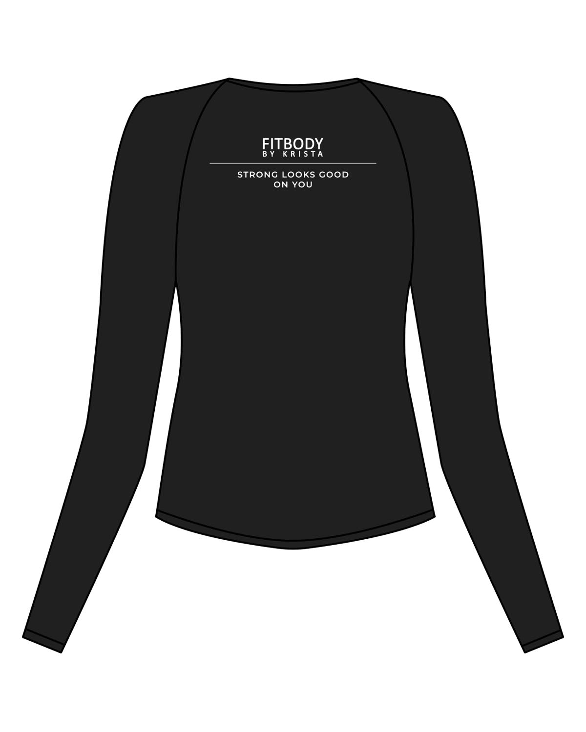 The Womens Sporty Long Sleeve - Black - Krista - Left Chest & Back Stacked - "Strong Look" - Printed - White