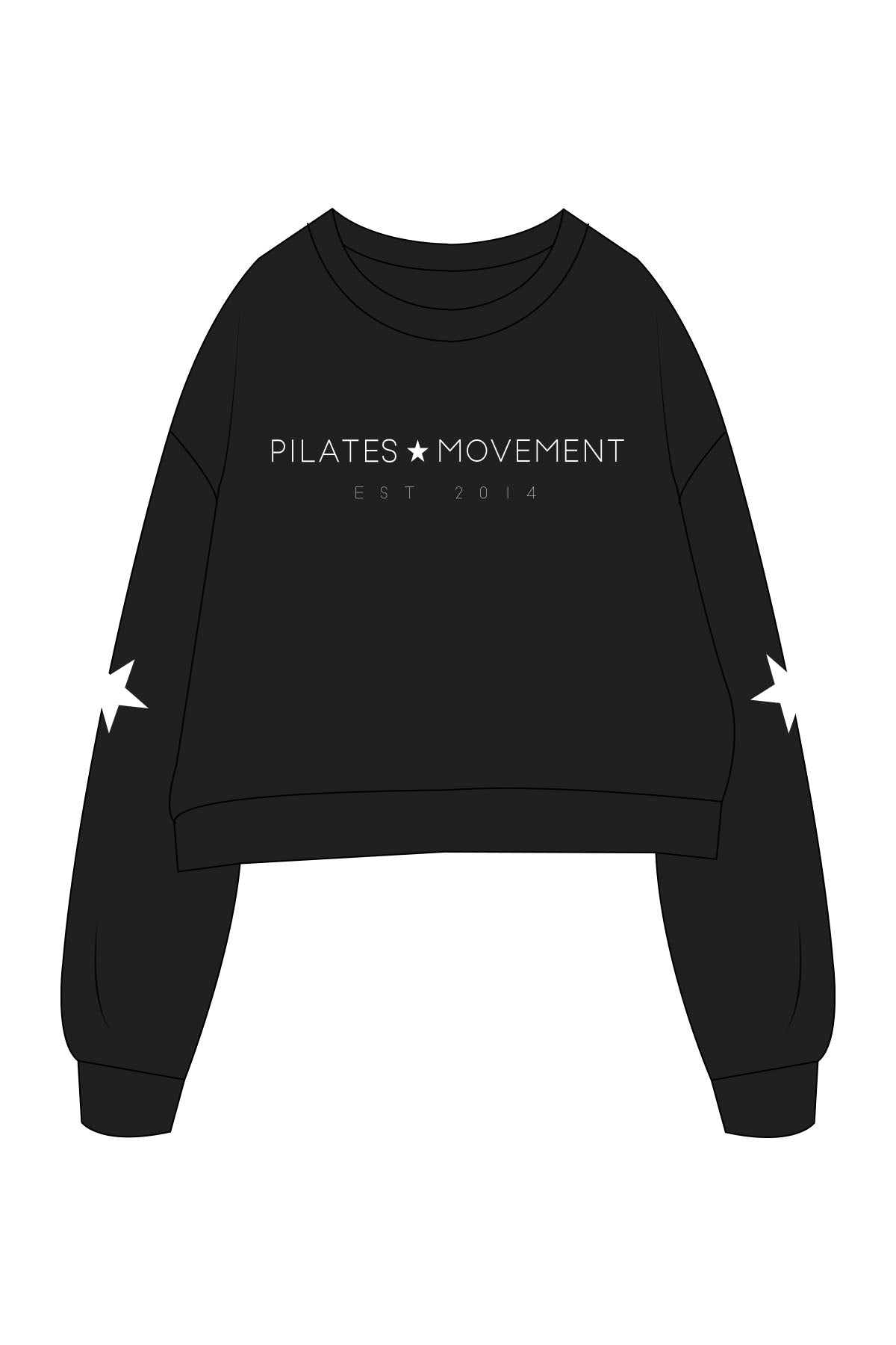 The Womens Crop Crewneck - Black - Pilates Movement - Center Chest Stacked - Left & Right Sleeve - Printed - White