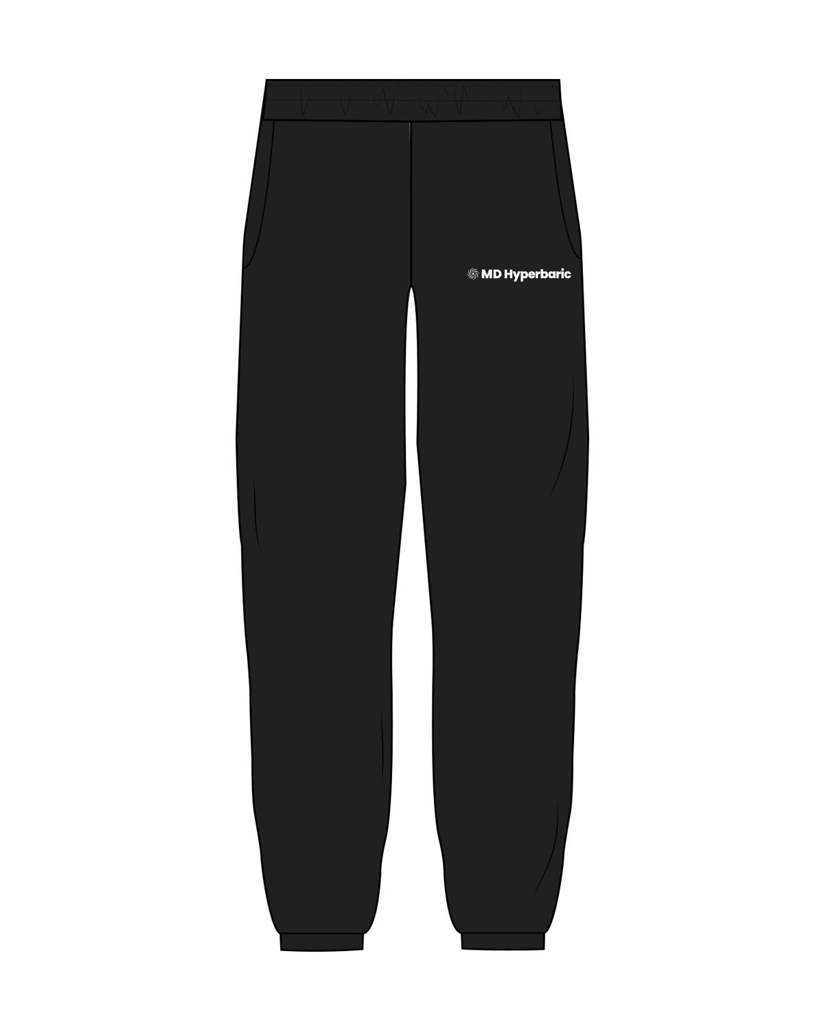 The Mens Sweatpants - Black - MD Hyperbaric - Left Leg Text - Printed - White