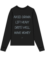 The Womens Oversized Long Sleeve - Black - Primarie Pilates - Center Chest & Back Stacked - Printed - Blue Gray