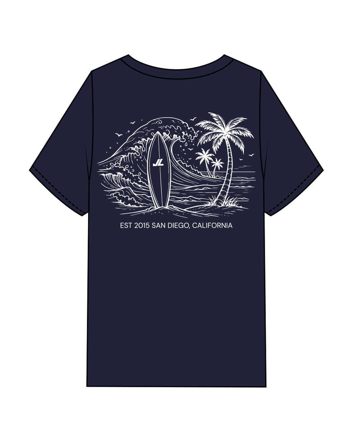 The Mens Heavyweight Tee - Navy - JL Marketing - Left Chest Stacked "Palm Tree "- Back Center - Printed - White