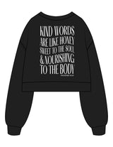 The Womens Crop Crewneck - Black - Honey Hive NB - Center Chest Hexagon & Back Stacked - Printed - White