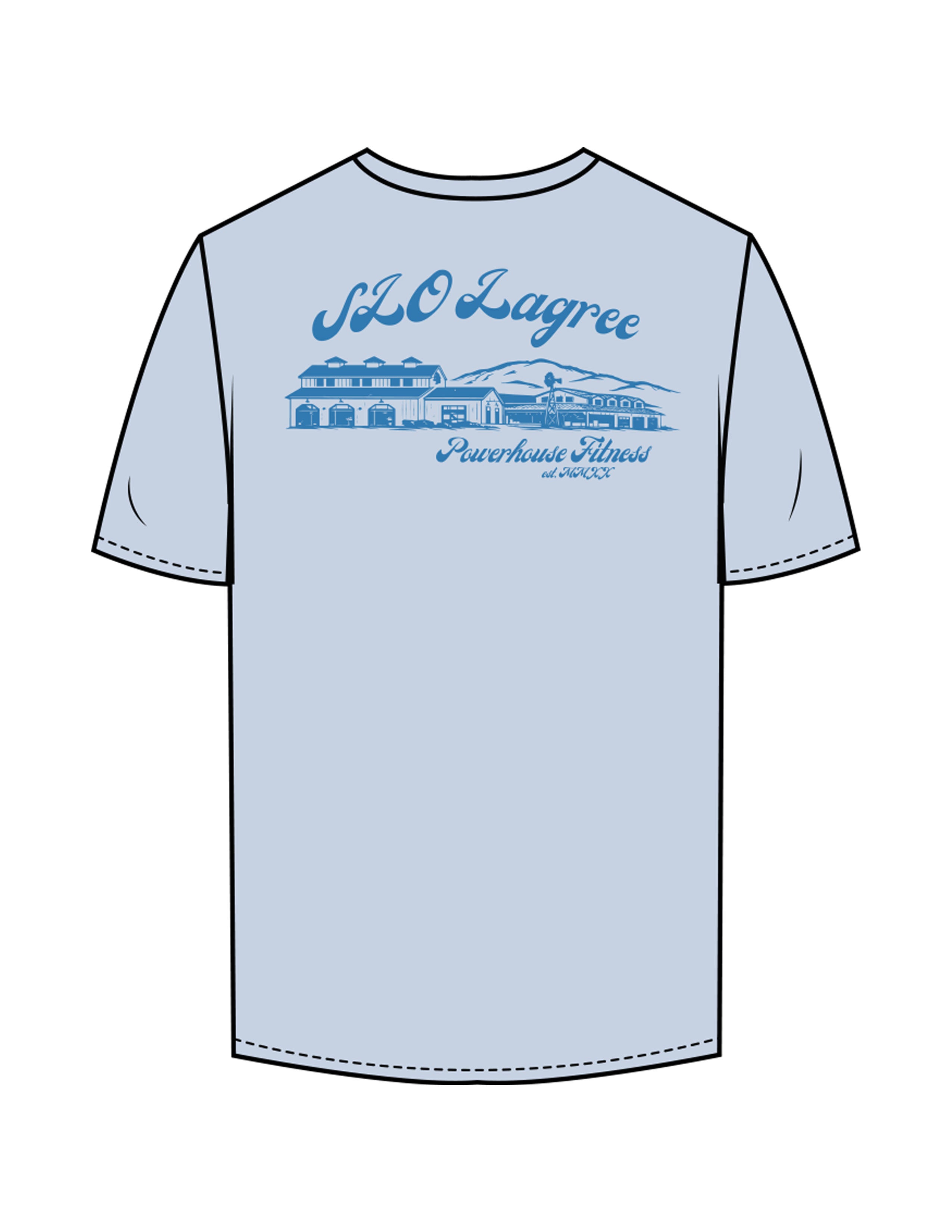 The Mens Tee - Powder - Powerhouse Fitness - Left Chest & Back Stacked - Printed - Blue