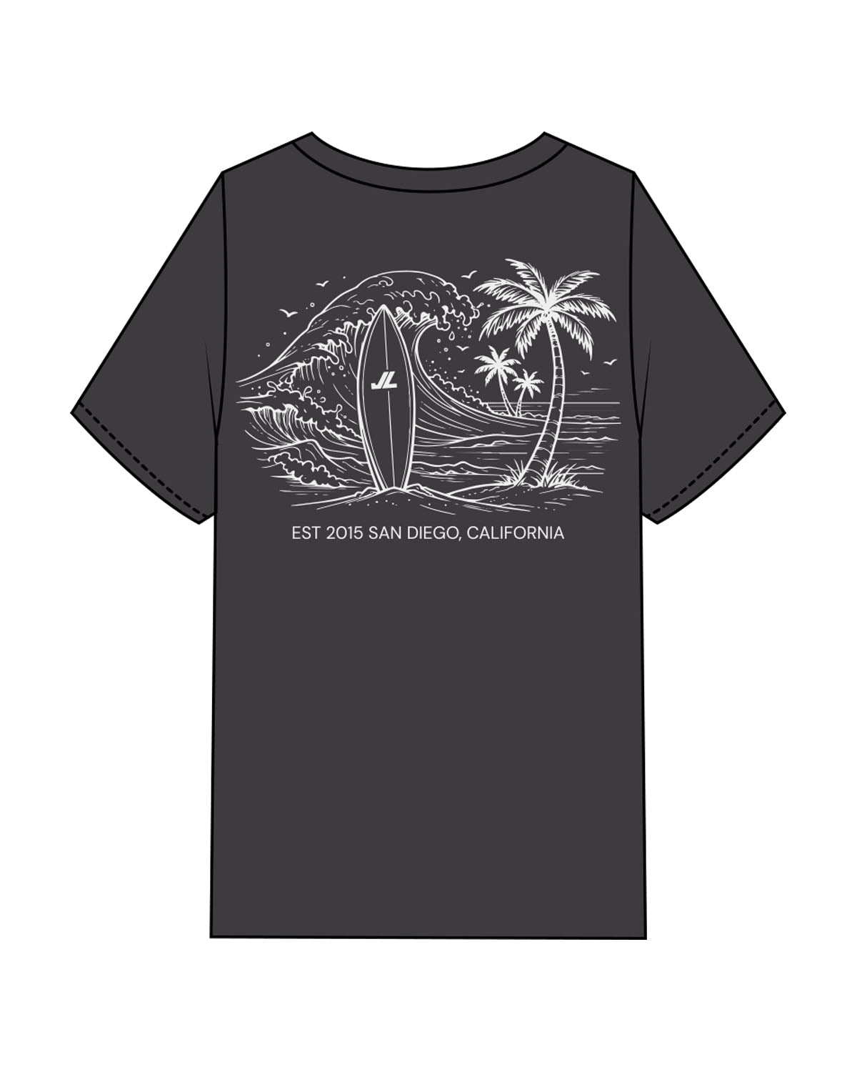 The Mens Heavyweight Tee - Washed Charcoal - JL Marketing - Left Chest "Palm Tree" & Back Image - Printed - Off White