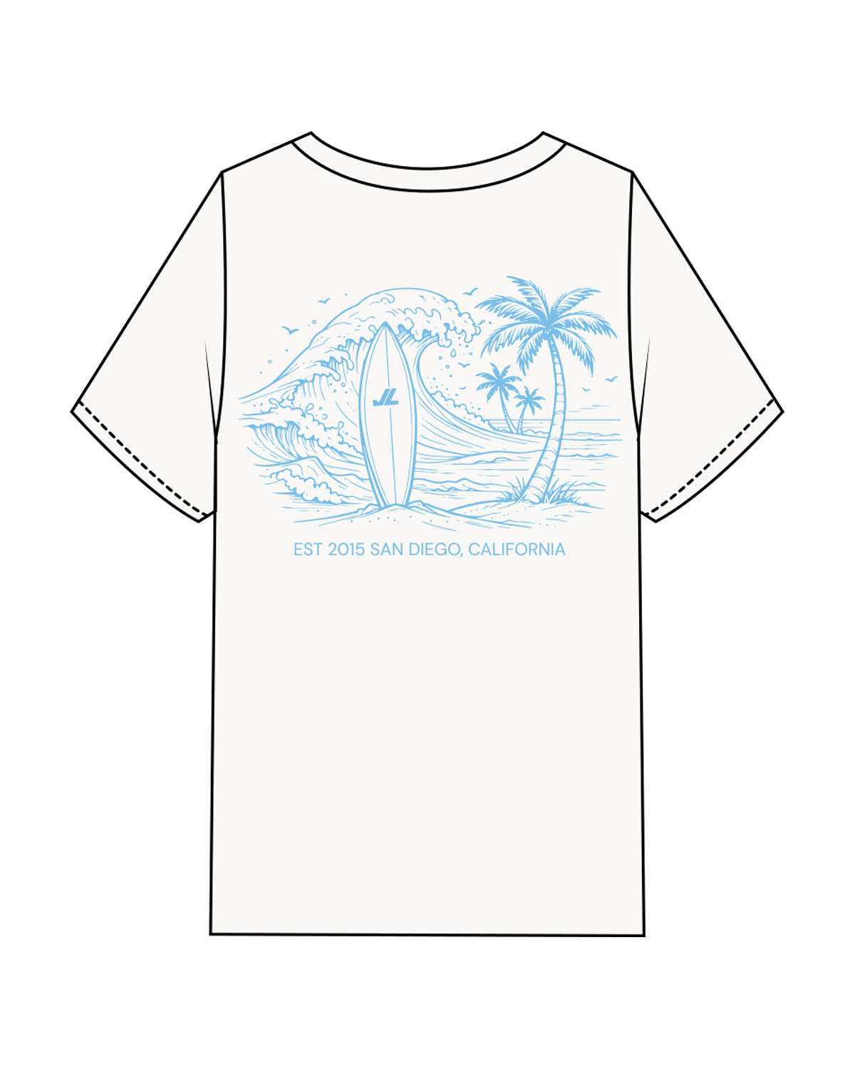 The Mens Heavyweight Tee - Washed Off White - JL Marketing - Left Chest "Palm Tree" & Back Image - Printed - Light Blue