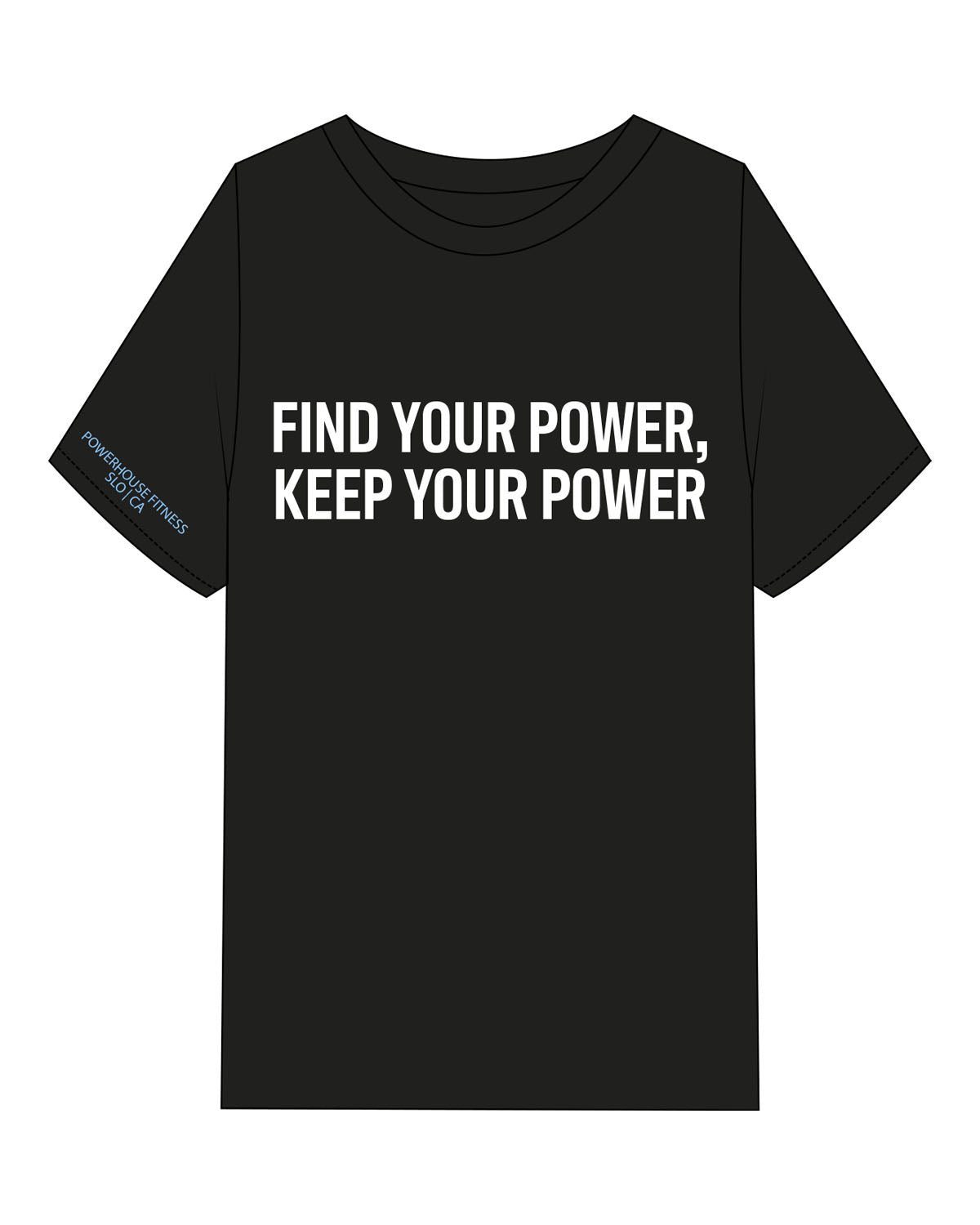 The Mens Heavyweight Tee - Black - Powerhouse Fitness - Center Chest Stacked - Puff - White - Right Sleeve - Printed - Blue (71c0f5)