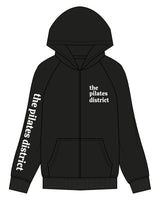 The Womens Zip Hoodie - Black - THE PILATES DISTRICT - Left Chest Stacke & Right Sleeve - Printed - White
