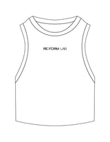 The Ribbed Crop Tank - White - THE RE:FORM LAB - Center Chest - Embroidered - Black