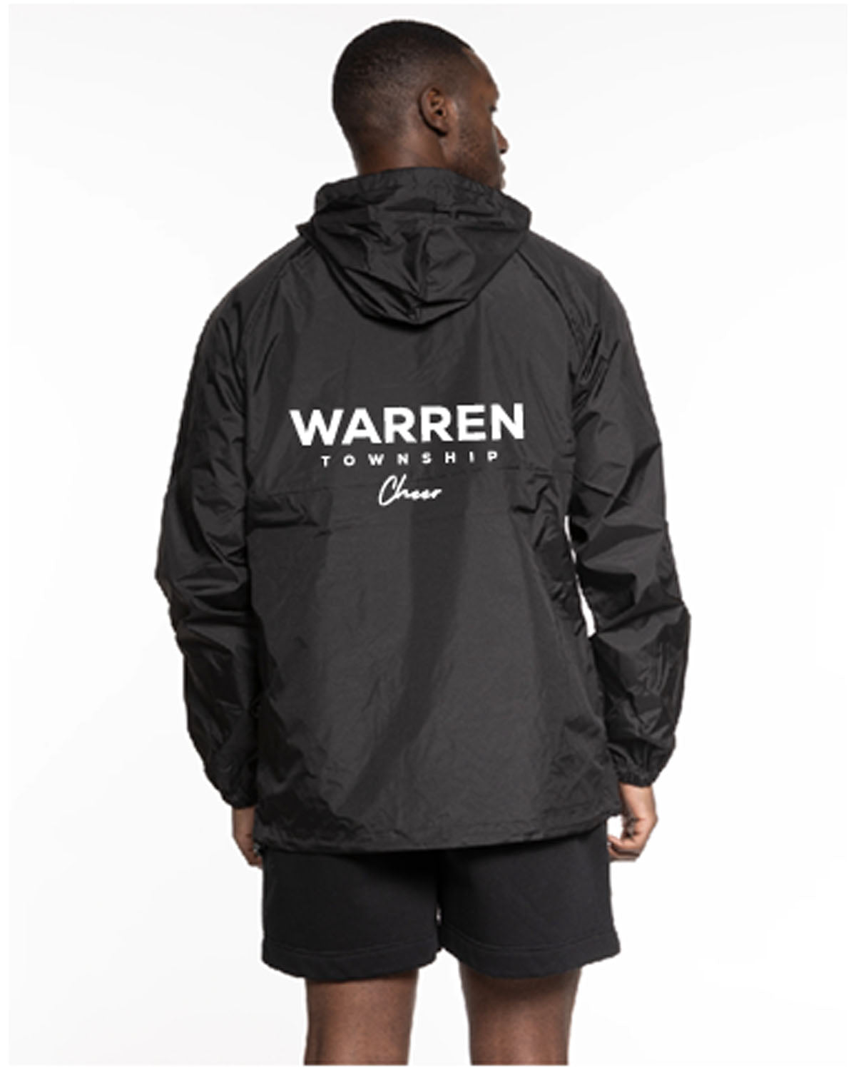 The Mens Windbreaker - Black - Warren - Center Body Logo & Center Back Stacked - Printed - White
