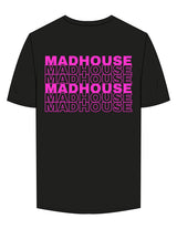 The Mens Tee - Black - Mad House - Center Chest Stacked & Back Stacked - Printed - Pink