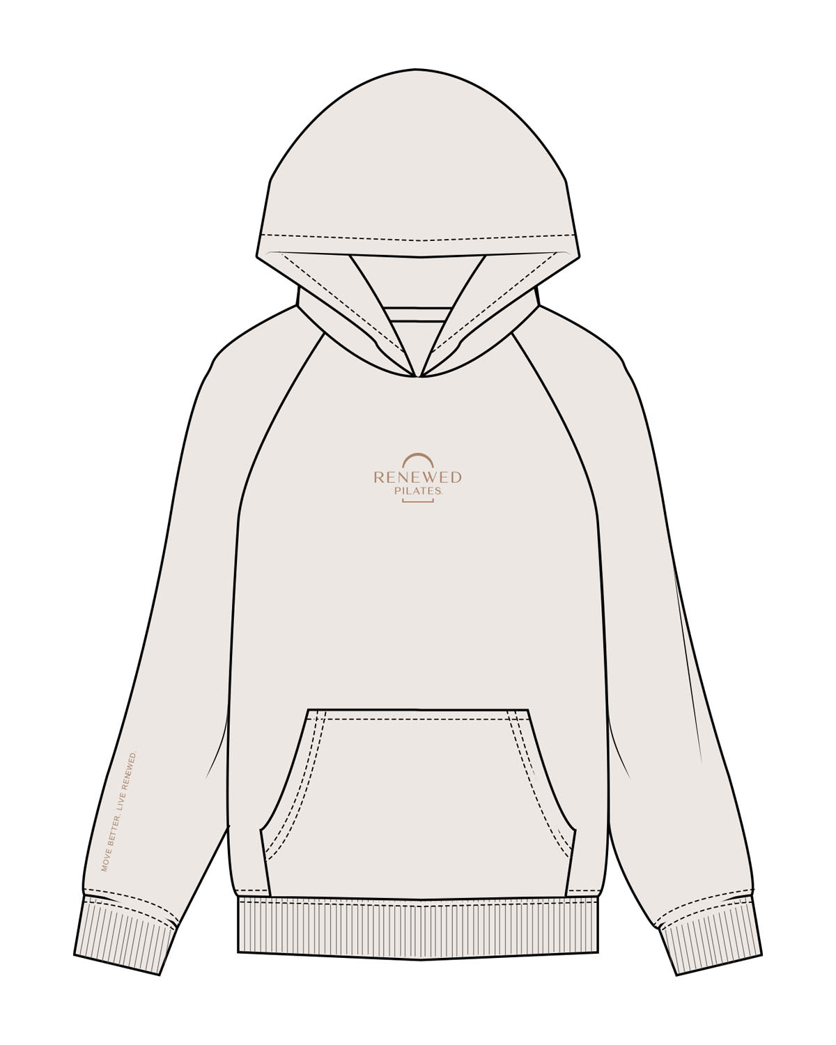 The Womens Hoodie - Bone - Renewed Pilates - Center Chest - Right Sleeve - Embroidered - Light Brown