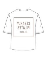 The Oversized Crop Tee - White - Clearly Pilates - Center Chest Stacked & Center Back Stacked - Bone