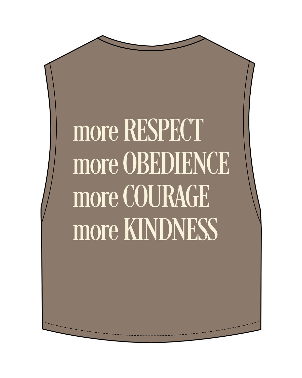 The Crop Muscle Tank - Cacao - Raising Rock - Left Chesst & Back Center Stacked - Printed - Cream