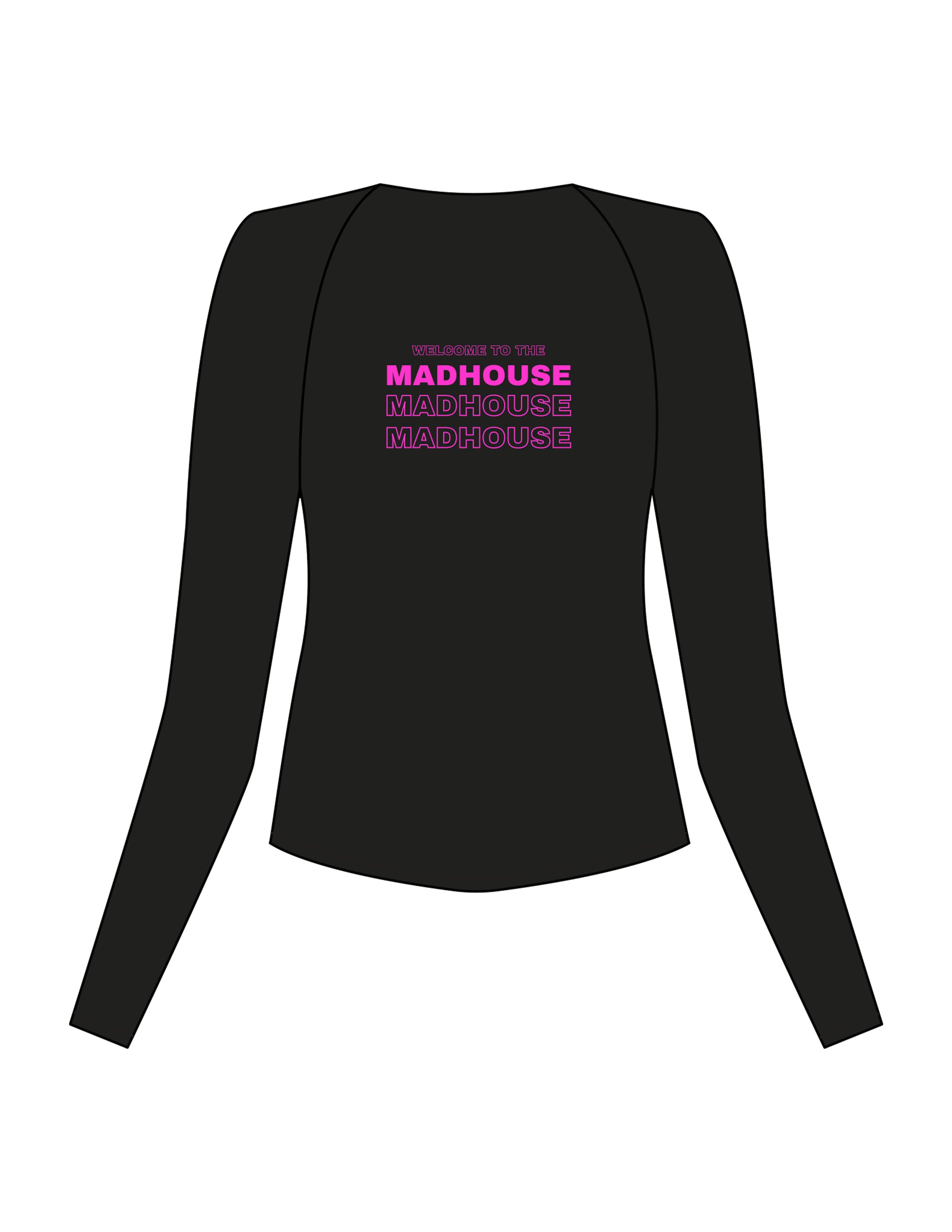The Womens Sporty Long Sleeve - Black - Mad House - Center Chest Stacked & Back Stacked - Printed - Pink