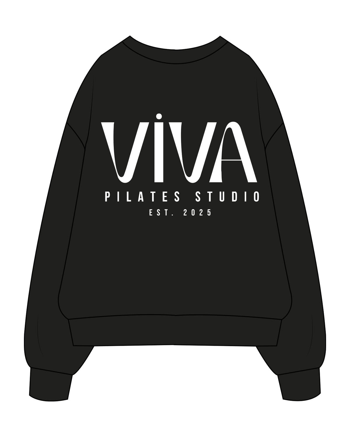 The Womens Heavyweight Crewneck - Black - Viva Pilates - Left Chest Stacked & Back Stacked - Printed - White