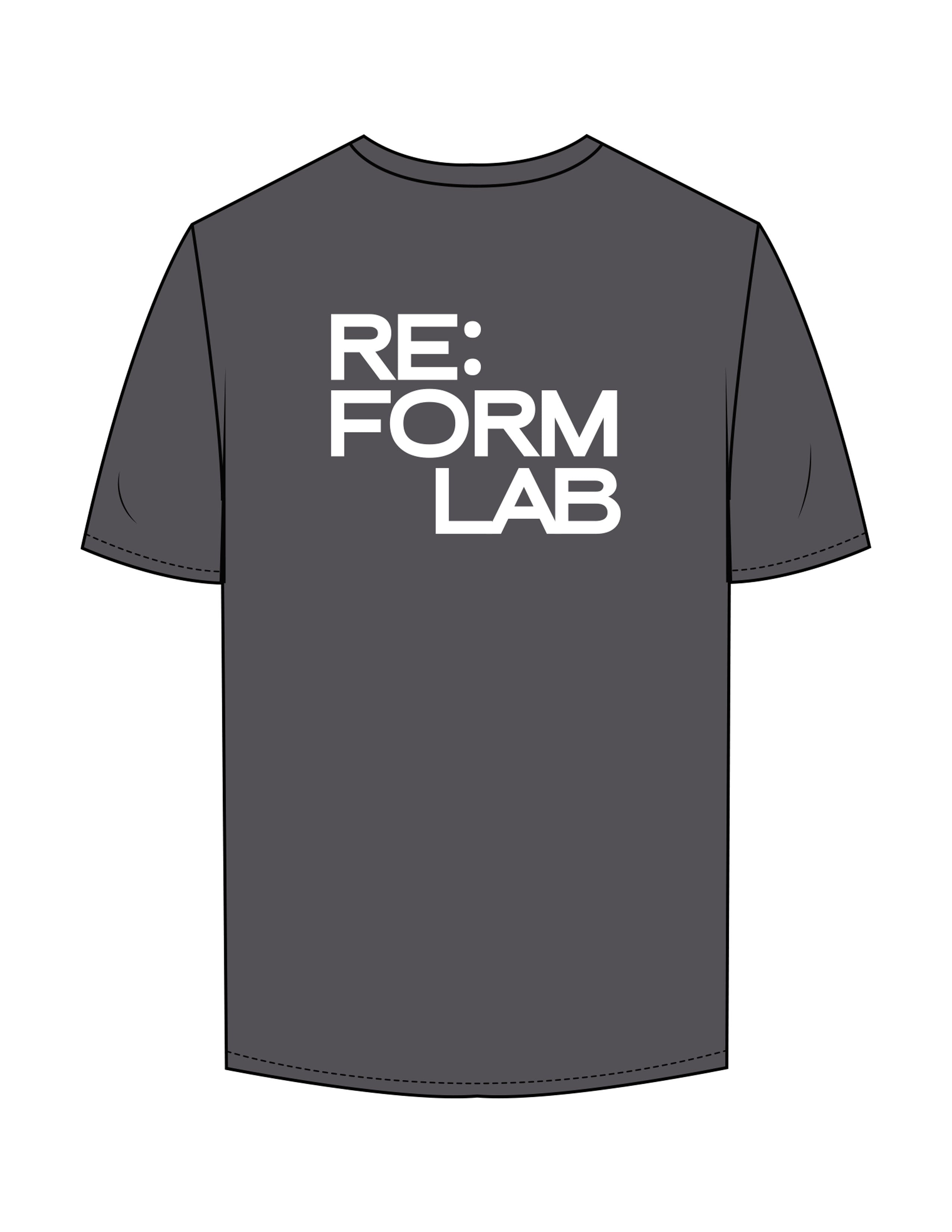 The Mens Tee - Charcoal - THE RE:FORM LAB - Left Chest Stacked & Back Stacked - Printed - White