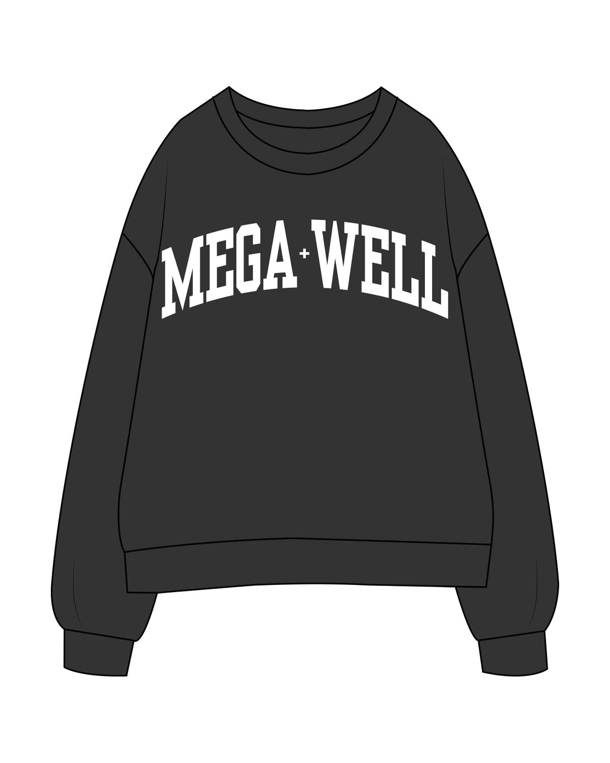 The Womens Crewneck - Washed Black - Mega Well - Center Chest Arc - Printed - White