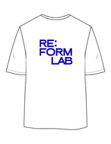 The Womens Oversized Tee - White - THE RE:FORM LAB - Left Chest Stacked & Back Stacked - Printed - Blue