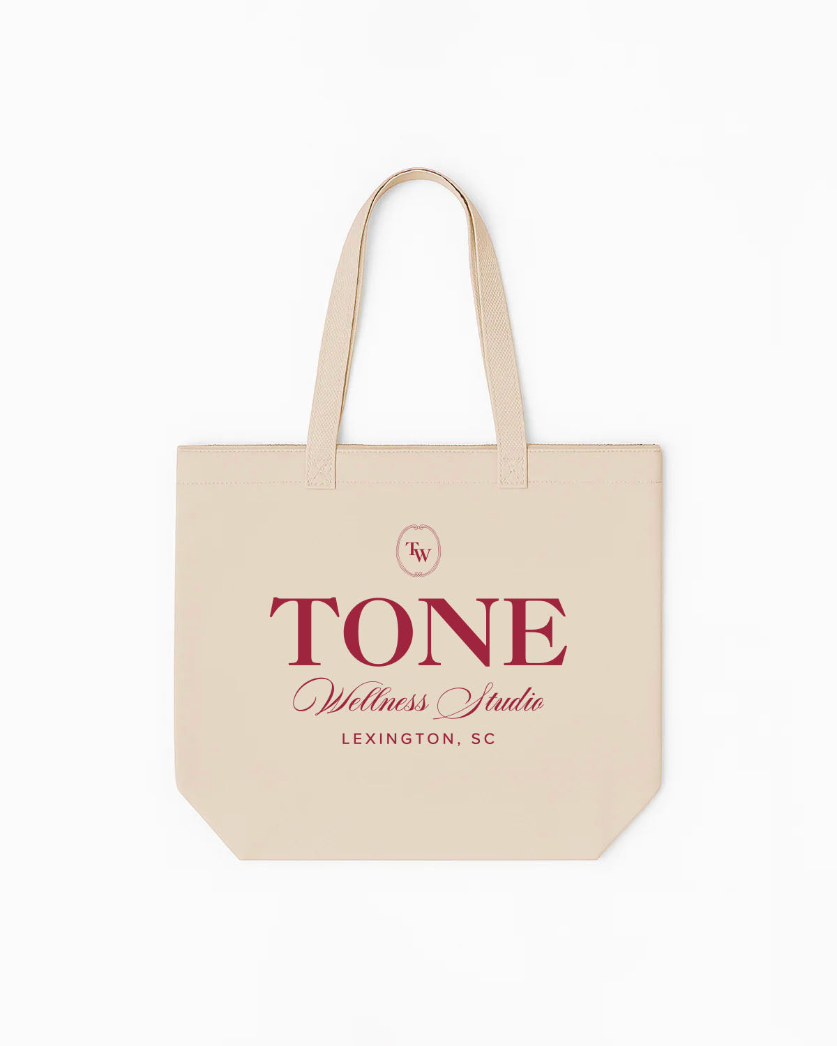 The Tote Bag - Natural - Tone Wellness Studio - Stacked Words "WELLNESS STUDIO" - Maroon