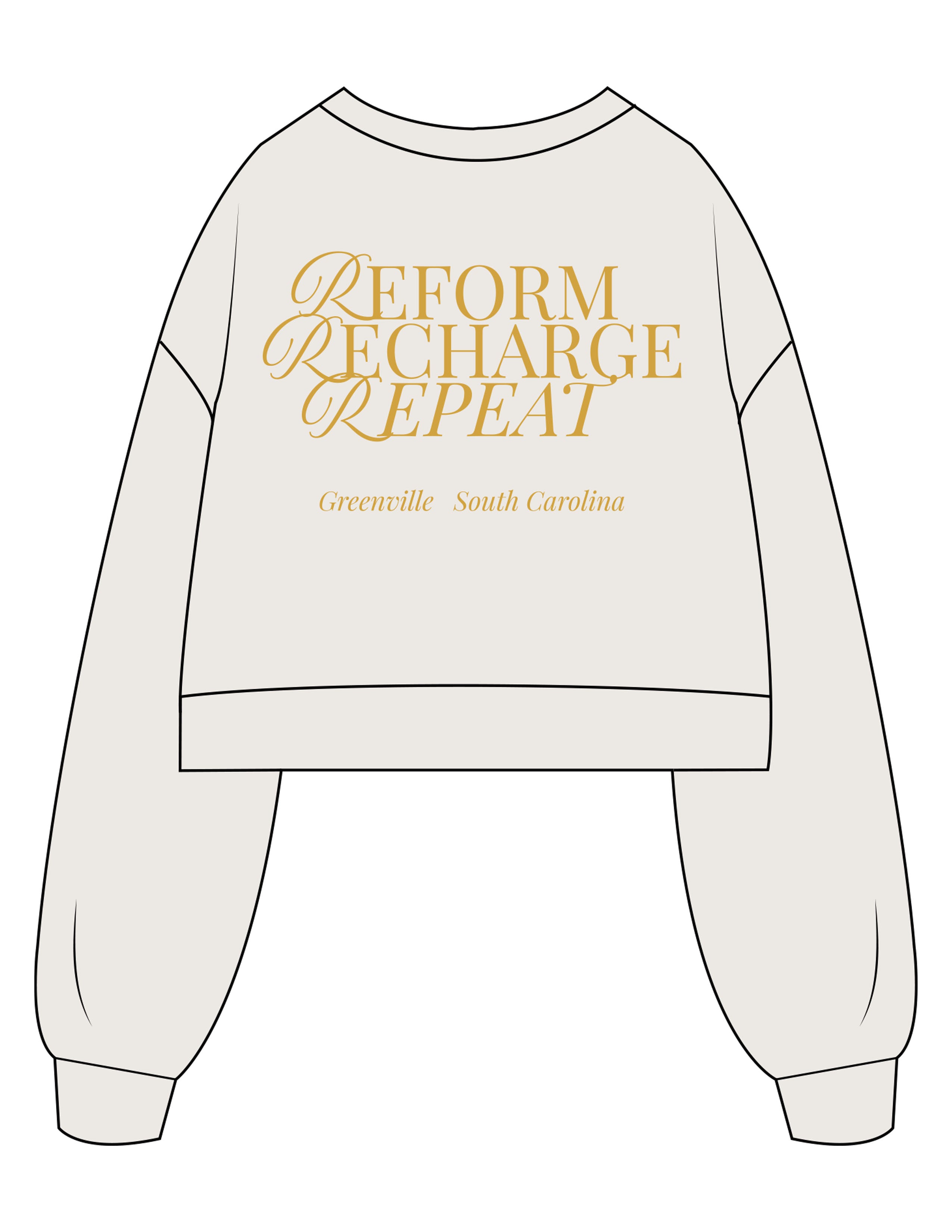 The Womens Crop Crewneck - Bone - REFORA - Center Chest & Back Stacked - Printed - Gold