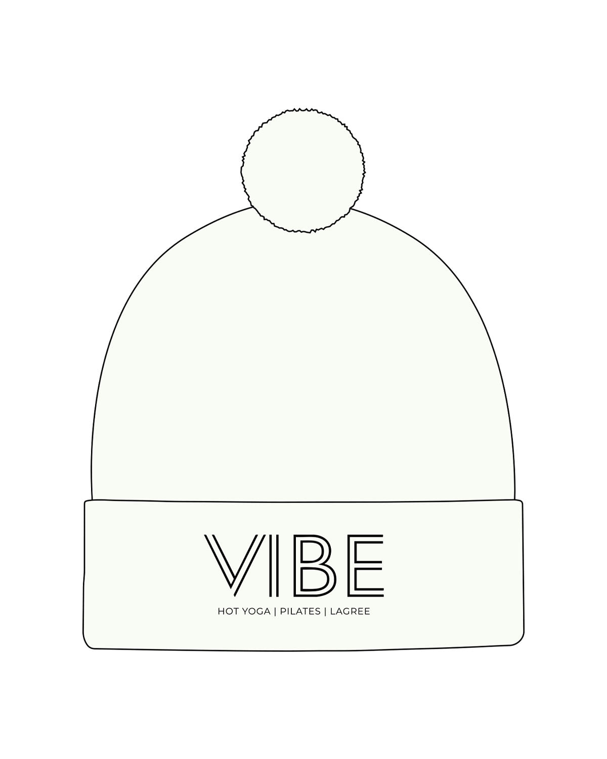 The Pom Pom Beanie - Off White - Vibe Hot Yoga & Pilates - Center Brim Stacked - Embroidered - Black