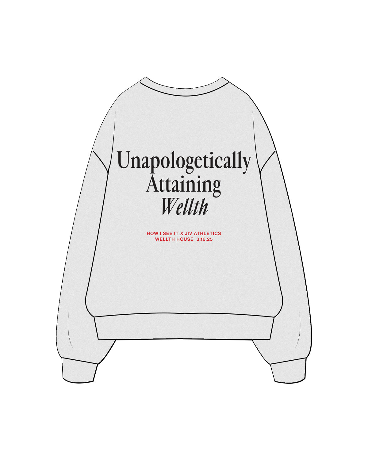 The Mens Crewneck - White Heather - JIV - Back Center Stacked - Full Color