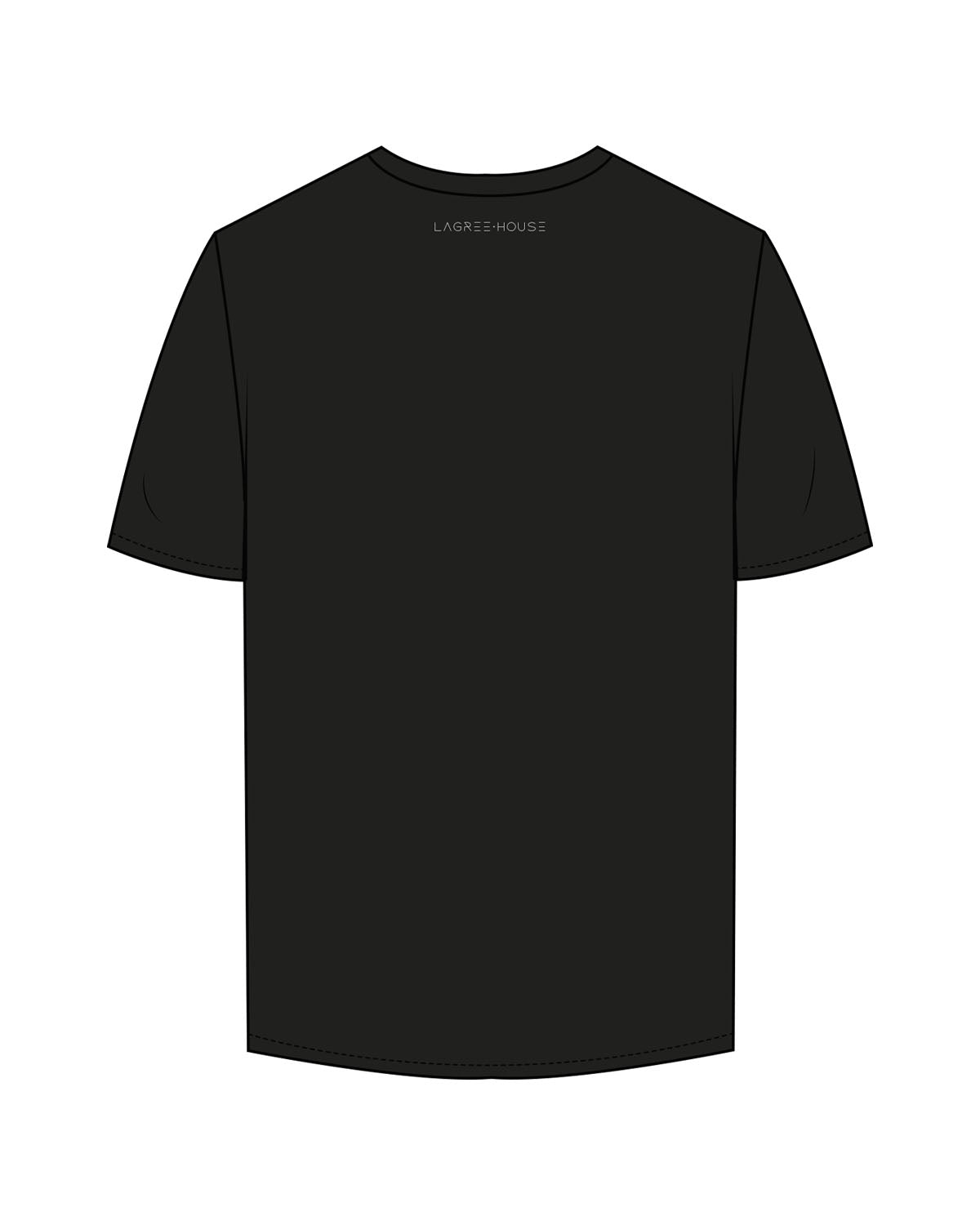 The Mens Tee - Black - Lagree House - Left Chest Stacked - Instructor - Back Neckline - White