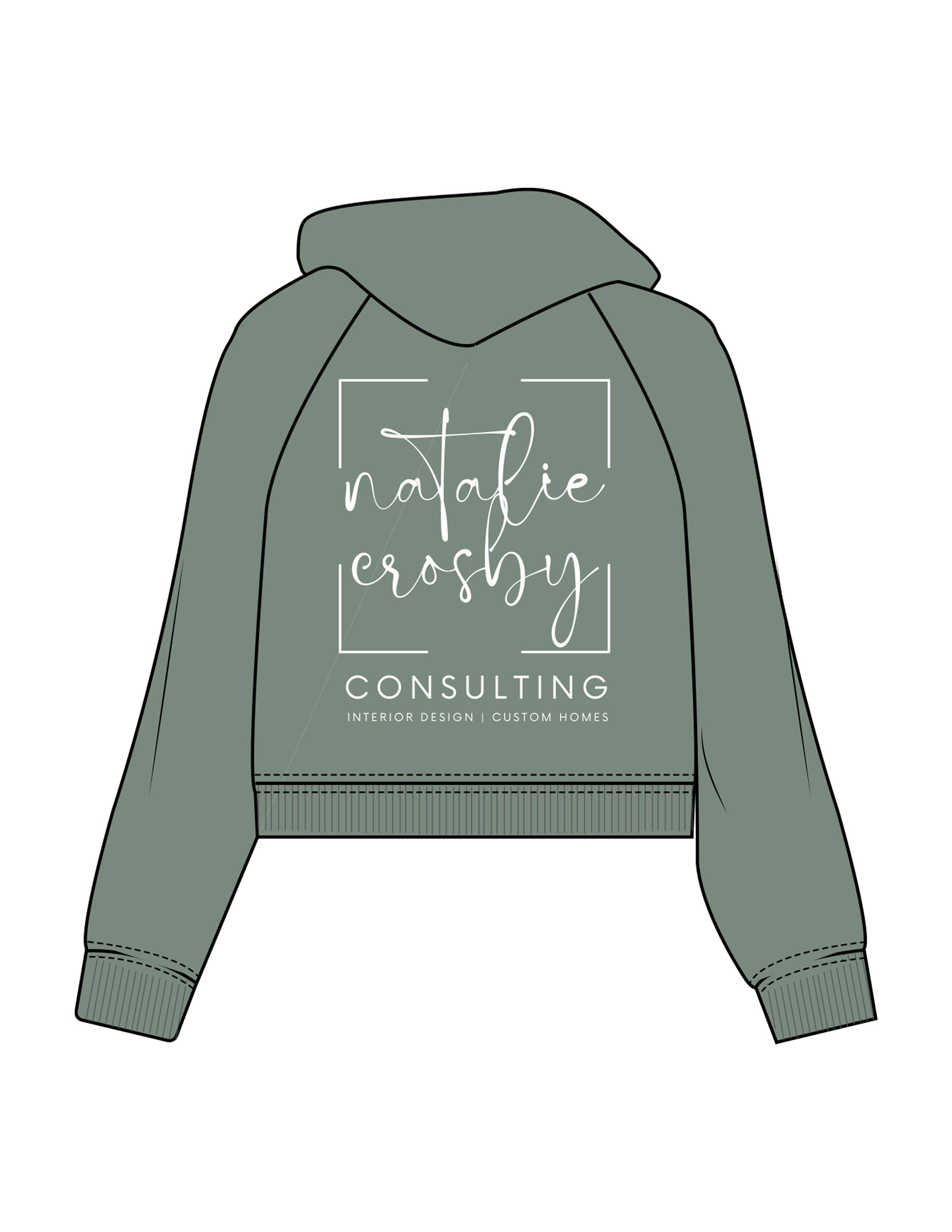 The Womens Lightweight Cropped Hoodie - Sage - Natalie Crosby Consulting - Center Chest & Back Stacked - Printed - White