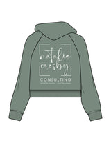 The Womens Lightweight Cropped Hoodie - Sage - Natalie Crosby Consulting - Center Chest & Back Stacked - Printed - White