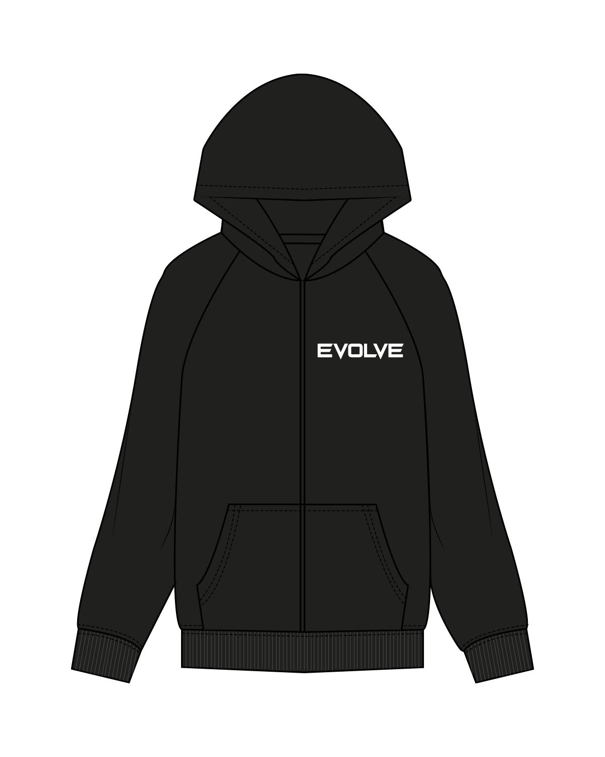 The Womens Zip Hoodie - Black - Evolve Lagree - Right Sleeve - Left Chest & Back Center Stacked - White