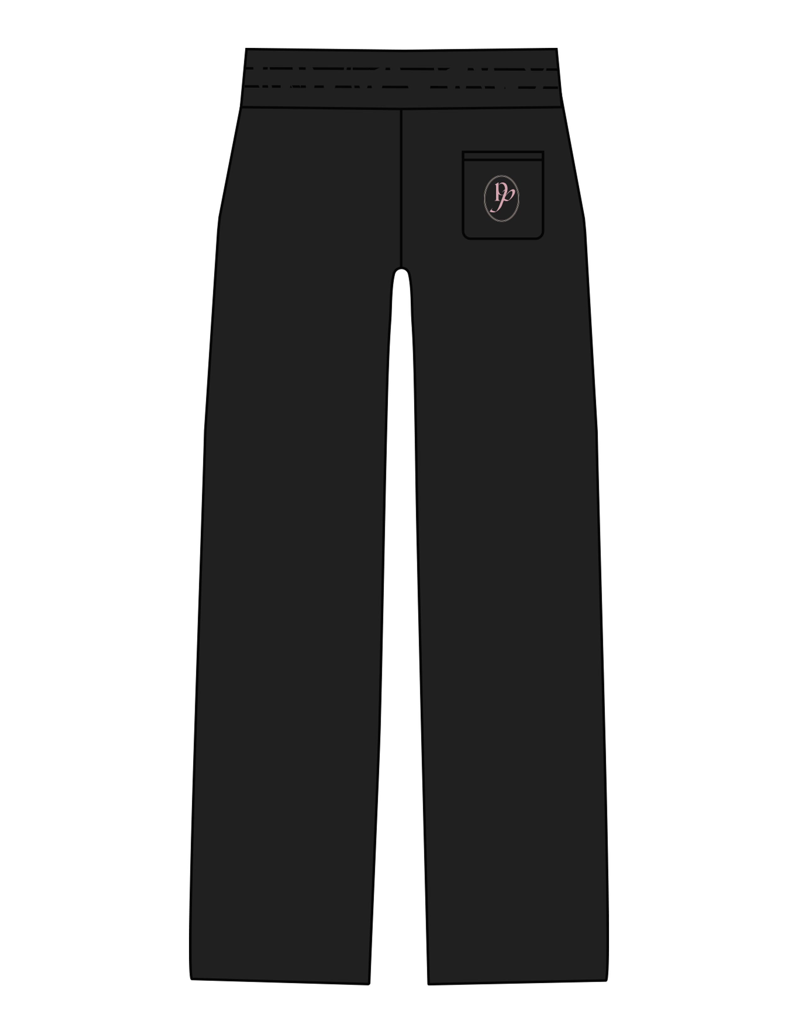The Straight Leg Sweatpant - Black - Platinum Pilates - Left Leg & Back Pocket - Printed - Full Color