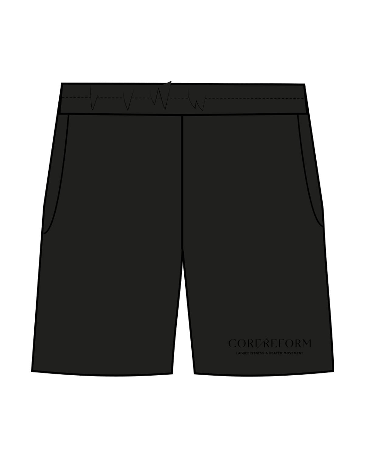 The Mens Sweat Shorts - Black - Core Reform - Left Leg Stacked - Printed - Tone on Tone