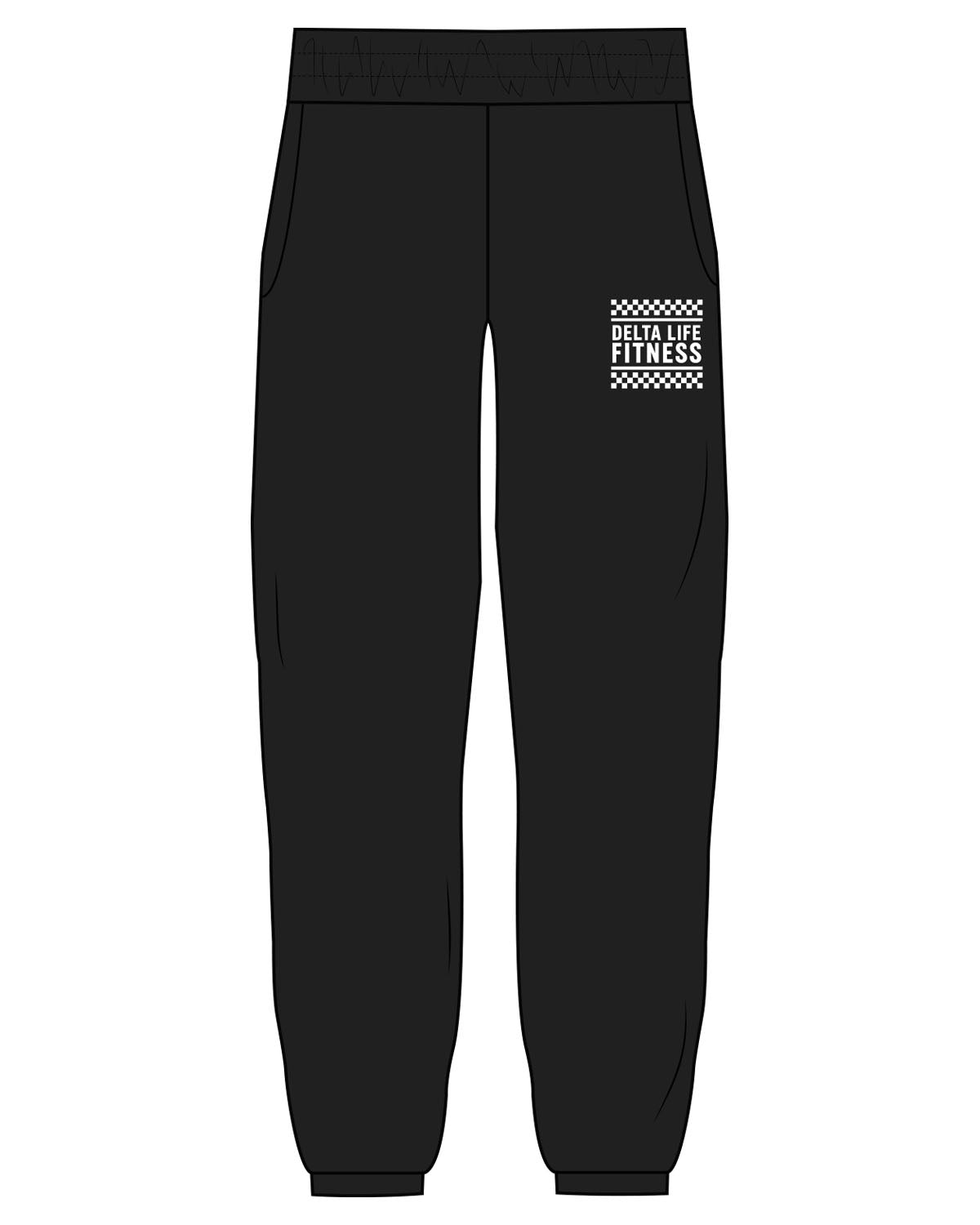 The Womens Sweatpants - Black - Delta Fitness - Left Leg Stacked - Printed - White
