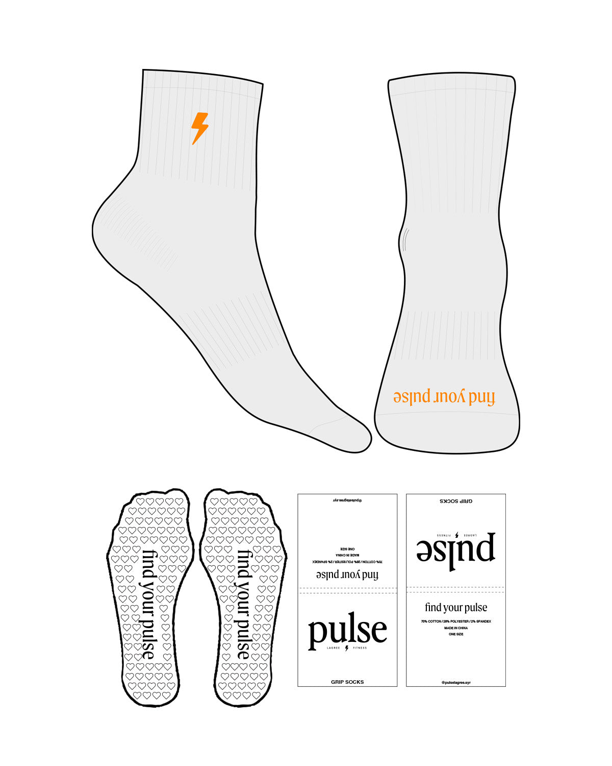 The 1/2 Crew Sock - Heather - Pulse Lagree Fitness - Top Embroidered & Front Logo - Orange - Heart Shape Grip - Transparent
