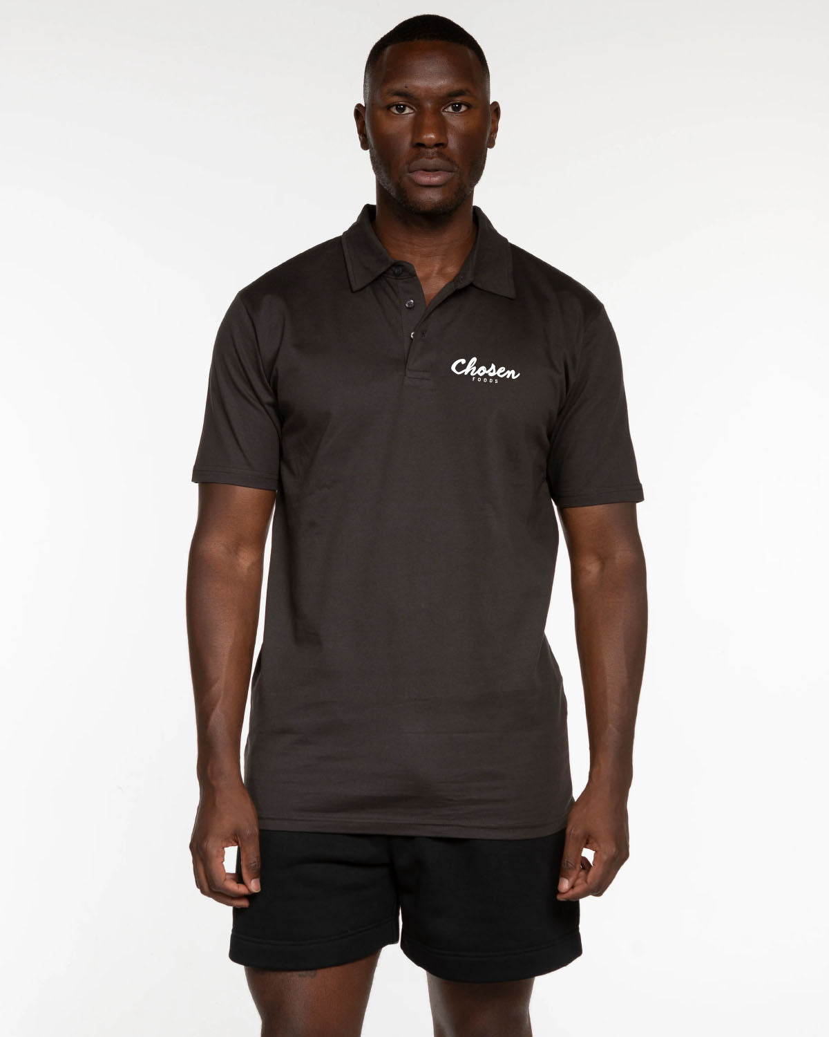 The Mens Polo - Charcoal - Chosen Foods - Left Chest Stacked - Embroidered - White