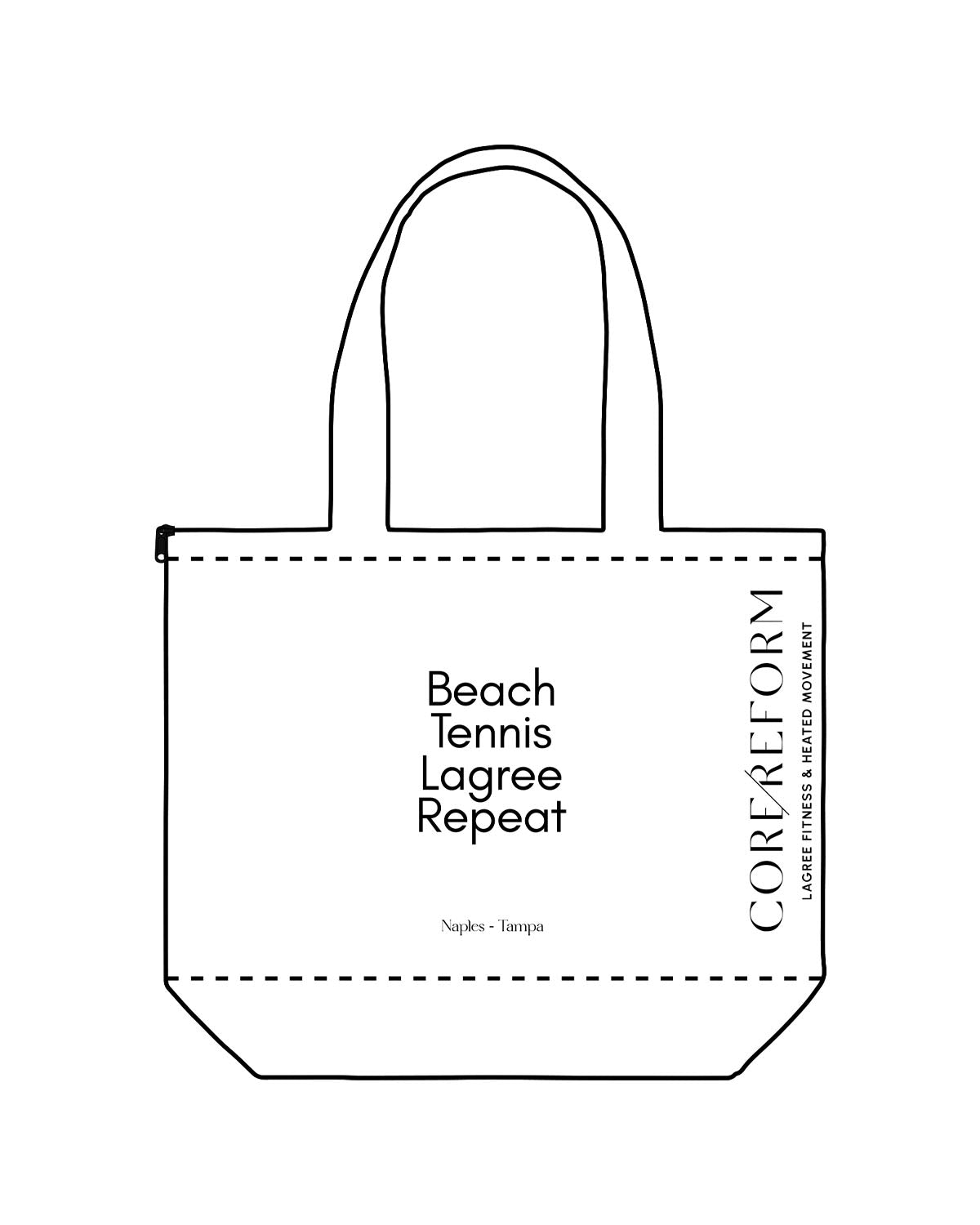 The Zipper Tote Bag - White - Core Reform - Center Body & Left Side - Printed - Black